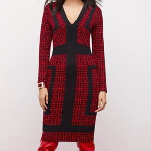 New York & Company Red and Black Long Sleeve V-Neck Knit Dress